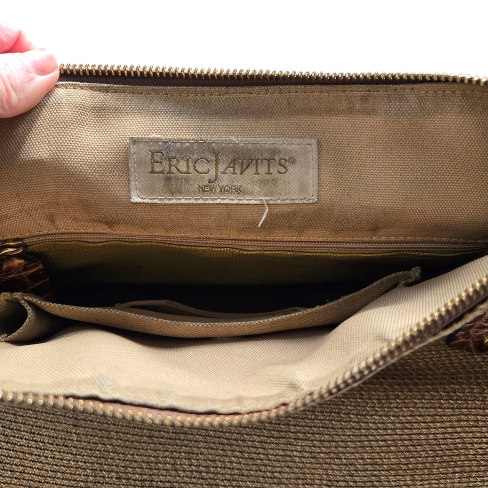 Eric Javits Woven Straw Croc Embossed Leather Trim Shoulder Bag Satchel - Picture 9 of 12